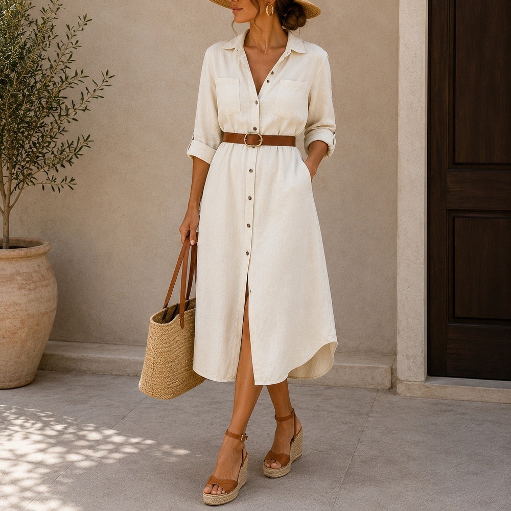 Velvet Heart Women's Cream Linen Shirt Midi Dress Medium Coastal Grandma